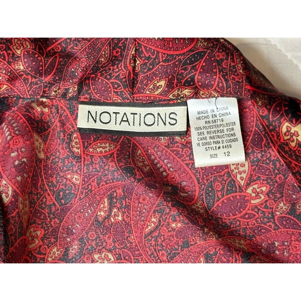 Notations Top Blouse Women Burgundy Paisley V Pleated Christmas Business Size 12 - Picture 8 of 11